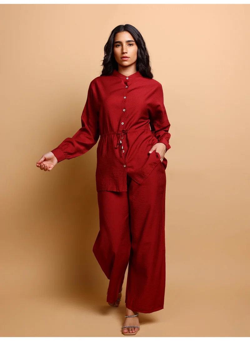 IKKXA Modern Two-Piece Outfit Oversize Shirt and Pants Crystal Embroidery Details IK476 Red